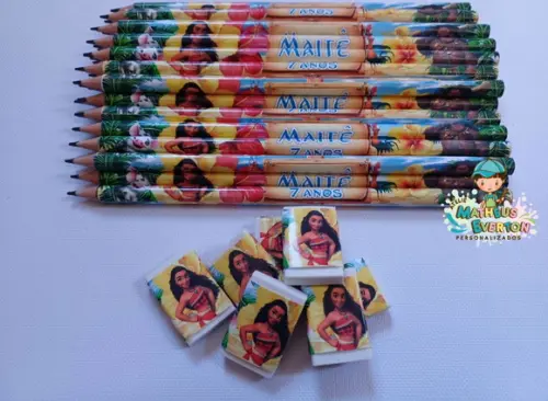 40 Kits Lápis e Borracha Personalizado Moana