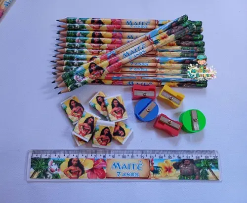 40 Kits Lápis, Borracha, Régua e Apontador Moana