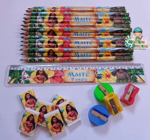 40 Kits Lápis, Borracha, Régua e Apontador Moana