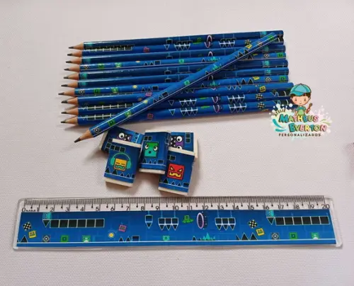 40 Kits Lápis, Régua e Borracha Personalizado Geometry Dash