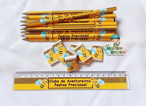 40 Lápis, 40 Réguas e 40 Borrachas Personalizado Abelinha