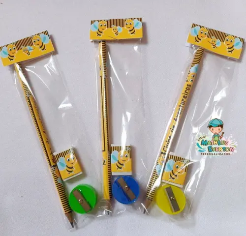 45 Kits Lápis, Borracha e Apontador Personalizado Abelinha