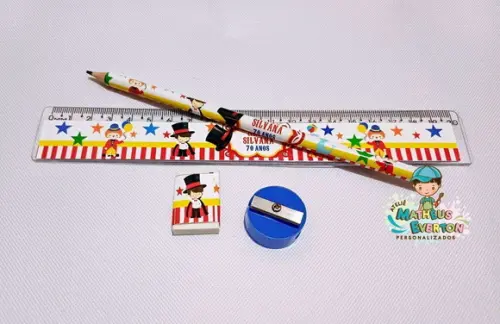45 Kits Lápis, Borracha, Régua e Apontador Circo