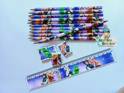 45 Kits Lápis, Régua e Borracha Personalizado Rapunzel
