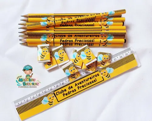 45 Lápis, 45 Réguas e 45 Borrachas Personalizado Abelinha