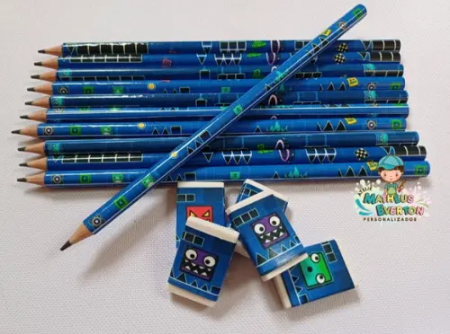 50 Kits Lápis e Borracha Personalizado Geometry Dash