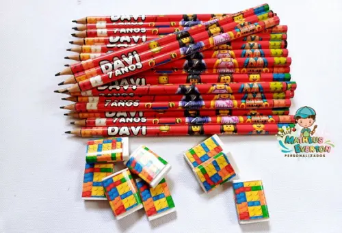 50 Kits Lápis e Borracha Personalizado Lego Atu