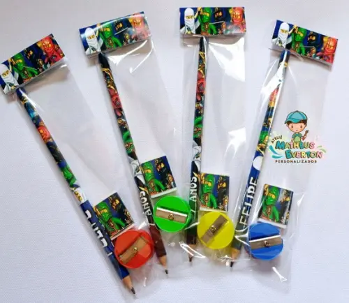 50 Kits Lápis, Borracha e Apontador Personalizado Ninjago