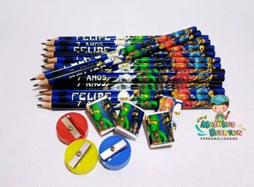 50 Kits Lápis, Borracha e Apontador Personalizado Ninjago