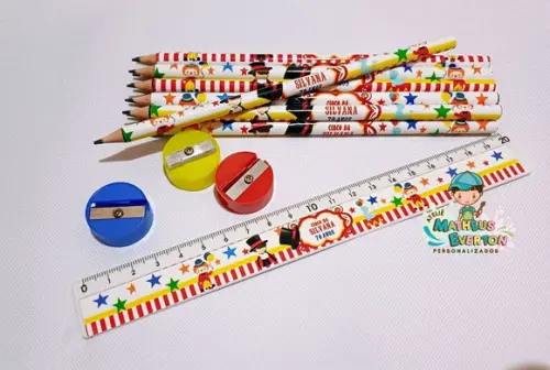 50 Kits Lápis, Régua e Apontador Personalizado Circo