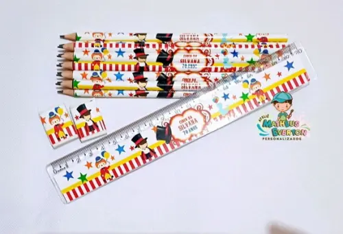 50 Kits Lápis, Régua e Borracha Personalizado Circo