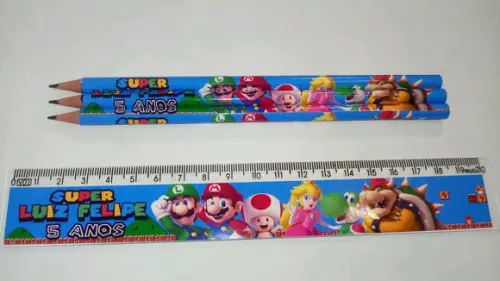 90 Kit Lapis e Régua Personalizado Mario Bros