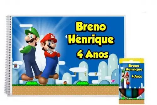 Caderno de Desenho Personalizado Mario Bros + Giz D Cera