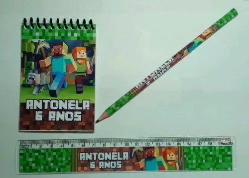 Kit Bloquinho, Lapis e Régua Personalizado Minecraft
