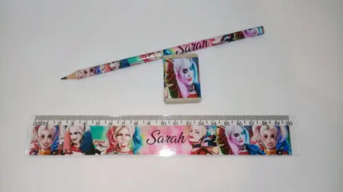 Kit/ Lápis + Regua + Borracha Personalizado - Tema Arlequina