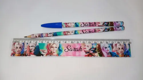 Kit/ Lápis + Regua + Caneta Personalizado - Tema Arlequina