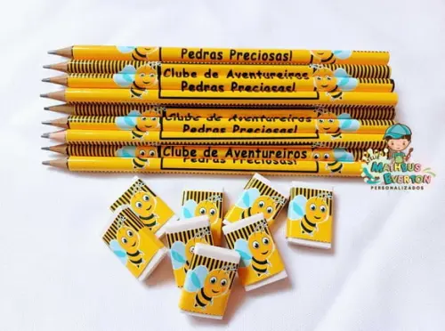 25 Kits Lápis e Borracha Personalizado Abelinha