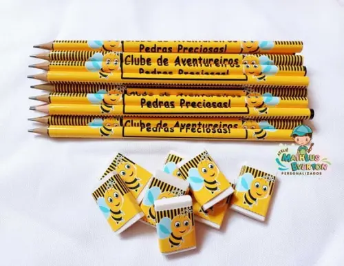 25 Kits Lápis e Borracha Personalizado Abelinha