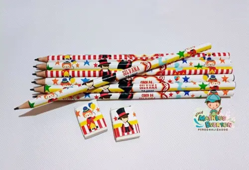 25 Kits Lápis e Borracha Personalizado Circo