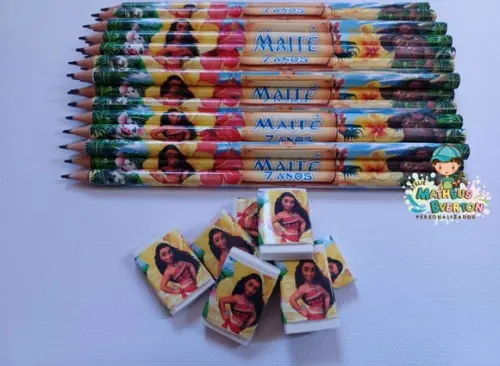 25 Kits Lápis e Borracha Personalizado Moana