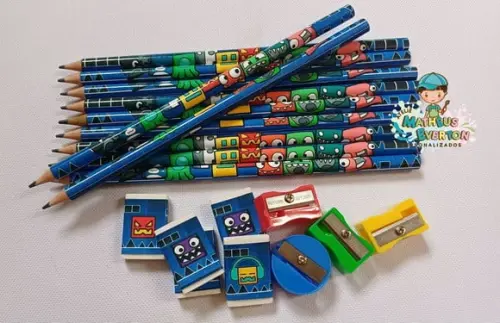 25 Kits Lápis, Borracha e Apontador Geometry Dash