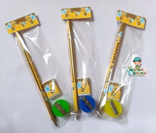 25 Kits Lápis, Borracha e Apontador Personalizado Abelinha