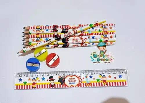 25 Kits Lápis, Régua e Apontador Personalizado Circo