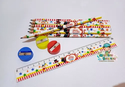 25 Kits Lápis, Régua e Apontador Personalizado Circo
