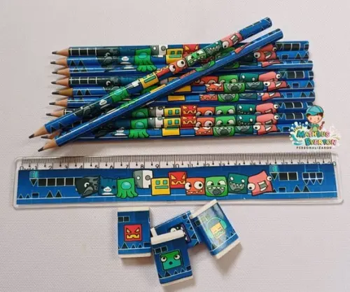 25 Kits Lápis, Régua e Borracha Personalizado Geometry Dash