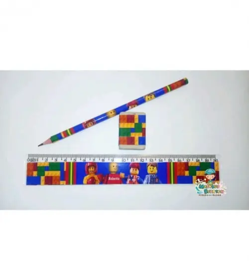 25 Kits Lápis, Régua e Borracha Personalizado Lego
