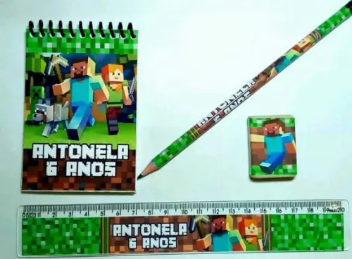 30 Kit Bloquinho, Lapis e Régua e Borracha Minecraft