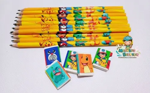30 Kits Lápis e Borracha Personalizado Pokémon