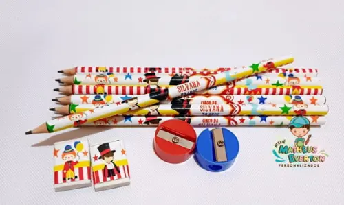 30 Kits Lápis, Borracha e Apontador Personalizado Circo