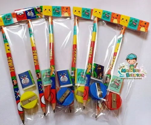 30 Kits Lápis, Borracha e Apontador Personalizado Pokémon