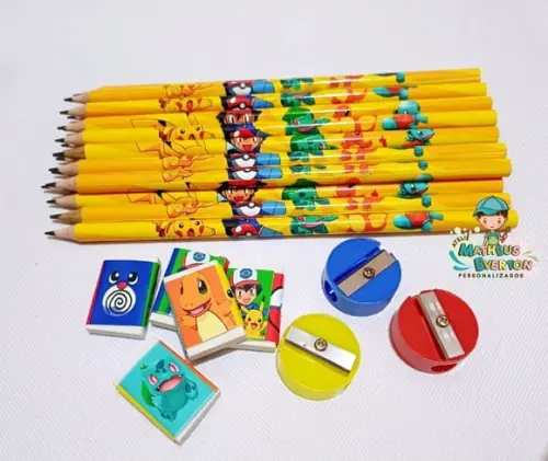 30 Kits Lápis, Borracha e Apontador Personalizado Pokémon