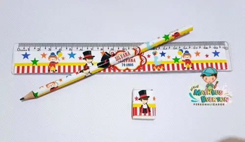 30 Kits Lápis, Régua e Borracha Personalizado Circo