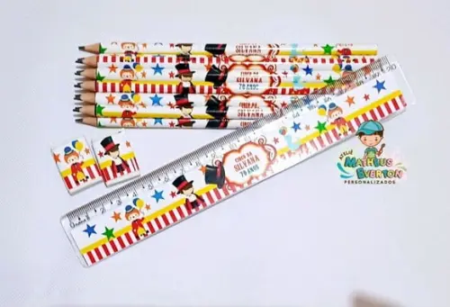 30 Kits Lápis, Régua e Borracha Personalizado Circo