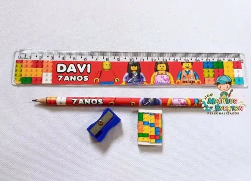30 Kits Lápis, Régua, Borracha e Apontador Lego Atu
