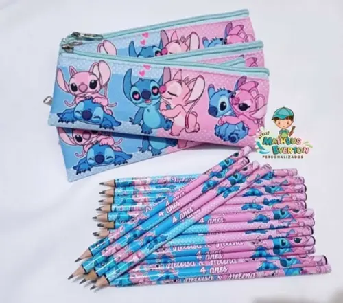 30 Lapis + 30 Estojos Slim Personalizado Stitch Tam: 19x7