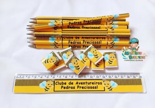 35 Lápis, 35 Réguas e 35 Borrachas Personalizado Abelinha