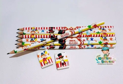 40 Kits Lápis e Borracha Personalizado Circo