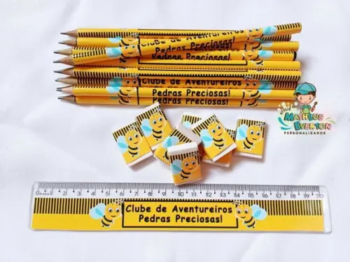 40 Lápis, 40 Réguas e 40 Borrachas Personalizado Abelinha