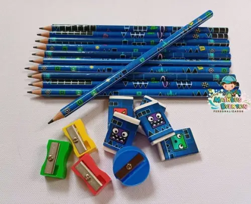 45 Kits Lápis, Borracha e Apontador Geometry Dash