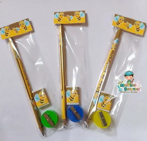 45 Kits Lápis, Borracha e Apontador Personalizado Abelinha