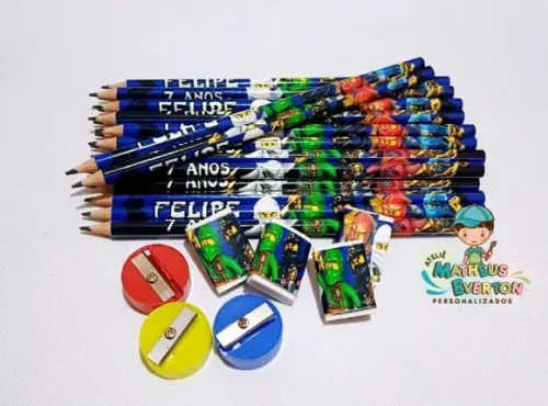 45 Kits Lápis, Borracha e Apontador Personalizado Ninjago