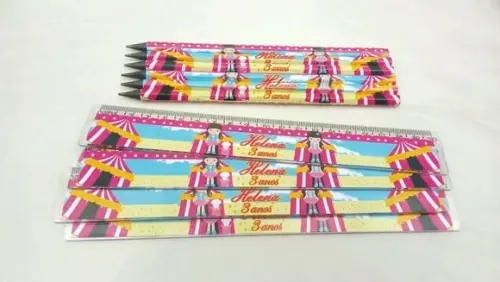 50 Kit Lápis e Régua Personalizado Circo Rosa