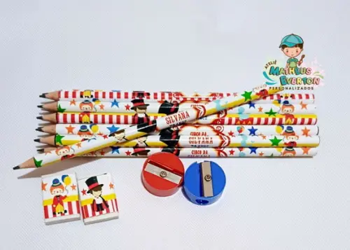 50 Kits Lápis, Borracha e Apontador Personalizado Circo