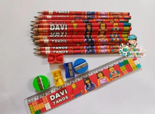 50 Kits Lápis, Régua, e Apontador Lego Atu