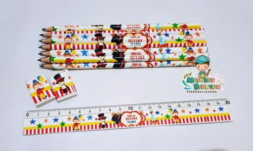 25 Kits Lápis, Régua e Borracha Personalizado Circo
