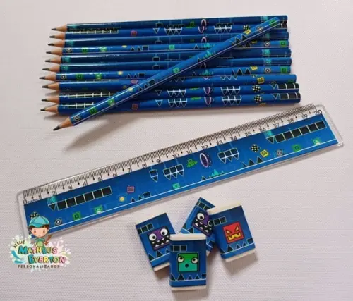 25 Kits Lápis, Régua e Borracha Personalizado Geometry Dash